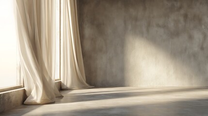 Sunlight streams into a minimalist room, casting shadows on the concrete floor and wall, with a sheer curtain gently swaying by the window