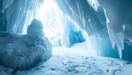 Ice cave interior, stalactites and stalagmites, crisp icy surfaces, Arctic glacier environment.