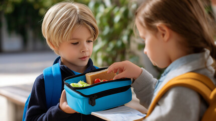 Close-up of a lunchbox in the brother’s hand as the sister points to his homework sheet.