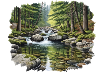 A tranquil stream flows through a lush green forest with mossy rocks isolated on transparent background