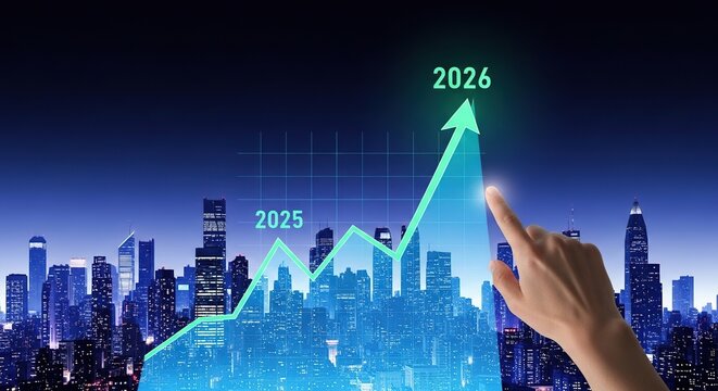 Financial growth chart with an upward arrow pointing to 2026, symbolizing future success - Powered by Adobe