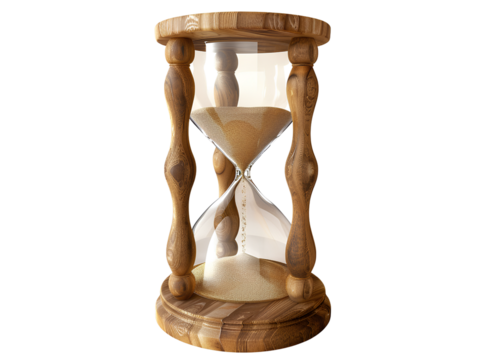 wooden hourglass with sand flowing, isolated on a transparent background.