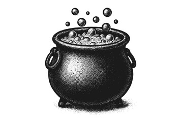 Witch cauldron with boiling magic potion. Halloween witchcraft brew with bubbles. Alchemy, sorcery concept. Vintage dotwork vector illustration. Mystic poison spell drawing.