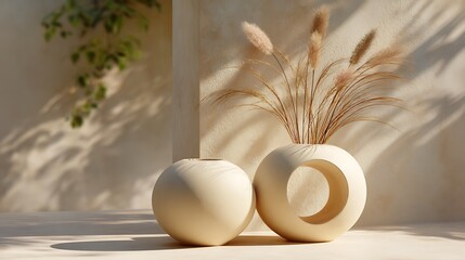 Two textured vases with dried pampas grass casting shadows on a textured wall, creating a serene and minimalist interior decor scene