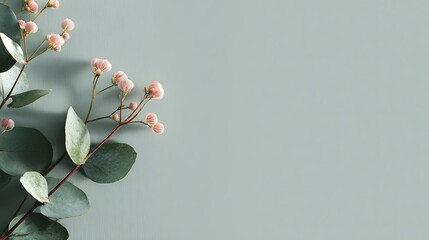 Delicate pink flowers and green eucalyptus leaves on a textured blue background, perfect for a calming and natural aesthetic design element