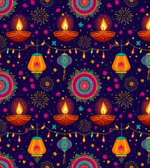 Seamless pattern of colorful Diwali elements, abstract background with lighting diyas, Indian festival celebration template, graphic design illustration wallpaper