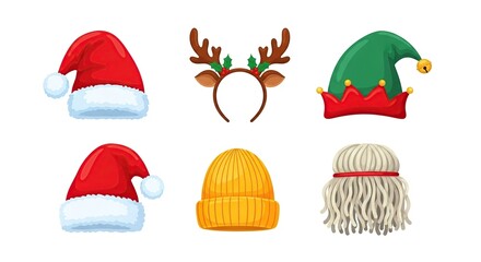 Festive christmas hats and headbands isolated on white background for holiday celebrations