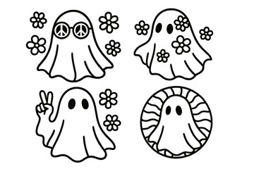 Groovy retro Halloween ghost set in 60s 70s hippie style. Flower power spooky cute ghost characters with peace sign. Linear contour vector collection for T-shirt print design.