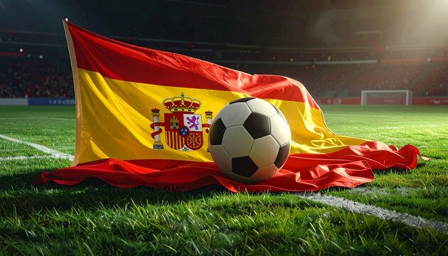 Epic moment captured a soccer ball rests on the Spanish flag on a vibrant green field with stadium lights illuminating the scene