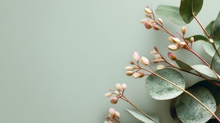 Eucalyptus branch with pink buds on a light green background, a serene and elegant botanical composition for various design applications