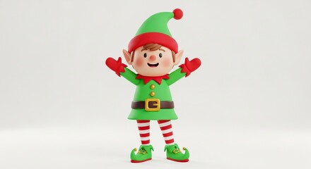 Fototapeta premium Cartoon elf character wearing a green suit and red hat isolated on white background