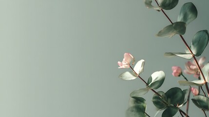 Eucalyptus branch with pink flower on a light green background, a calming and aesthetic botanical arrangement for various creative uses