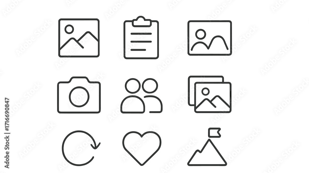 Poster collection of minimalistic icons representing photography, images, and user interactions in a simple