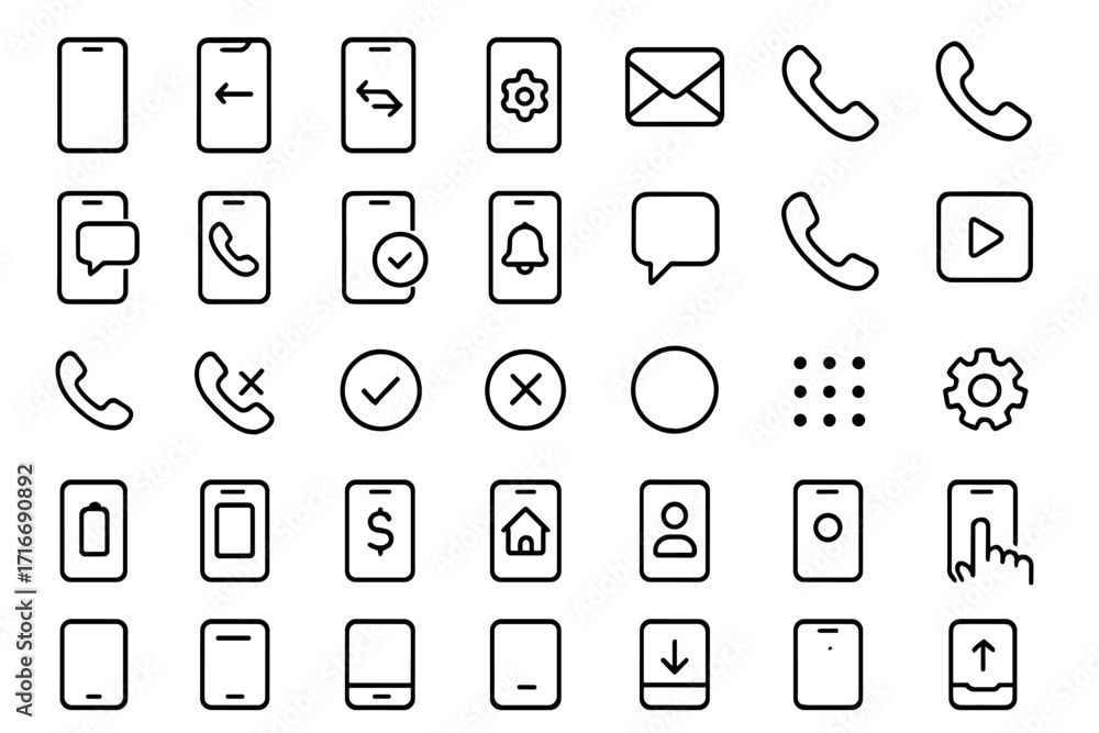 Poster collection of simple smartphone icons showcasing various communication and application functionaliti