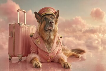 A whimsical portrait of a German Shepherd dog dressed in pink travel attire and matching luggage, posing against soft pastel clouds, exuding charm and wanderlust.