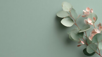 Elegant eucalyptus branch with pink buds against a soft green backdrop, ideal for creating a calming and organic atmosphere in designs