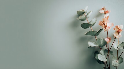 Delicate eucalyptus branch with peachtoned buds on a muted green background, perfect for adding a touch of natural beauty to designs