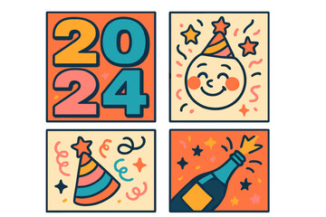 Set of retro Happy New Year 2024 greeting cards. Vector illustration templates for minimalist flyers in riso print style. Groovy party icons with champagne and smiley.