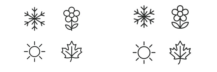 Seasonal symbols shown through simple line drawings of snowflakes, flowers, sun, and leaves depicting changes in nature