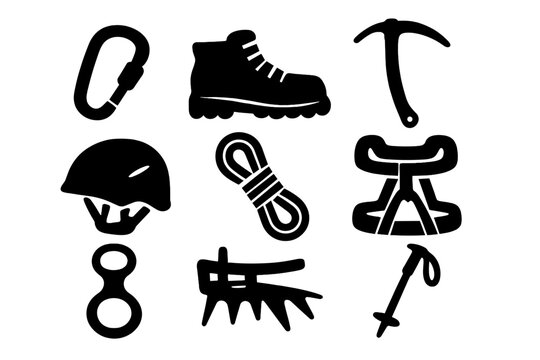 Mountain climbing gear icons set. Vector silhouette illustration of equipment for mountaineering, hiking and outdoor adventure. Includes ice axe, rope, harness, crampons.