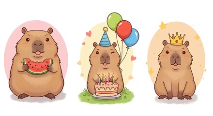 Cute Capybara Characters Set: Eating Watermelon, Birthday Party with Cake and Balloons, and Wearing a Golden Crown.



