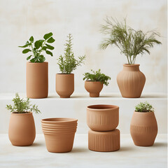 Fototapeta premium Collection of terracotta planters with green plants on a light background