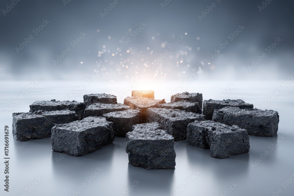 Poster mysterious rock formation arranged in a circular pattern, illuminated with a central light source, s