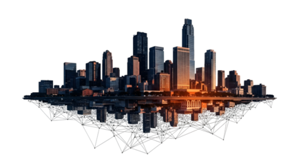 A city skyline reflected on a mirrored surface isolated on transparent background