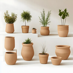 Fototapeta premium Collection of terracotta pots with various green plants indoors