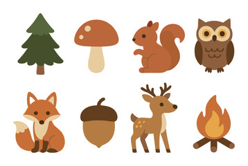 Cute forest animals and elements: fox, squirrel, owl, deer, and more