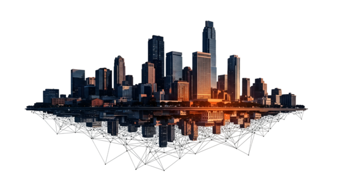 A city skyline reflected on a mirrored surface isolated on transparent background
