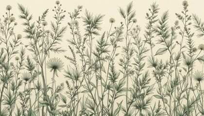 pattern of green plants and leaves. Hand-drawn, realistic drawing in pencil. basic design for organic plants. vintage graphic art of botany. 4K backdrop and wallpaper. Clean, simple, and minimalistic 