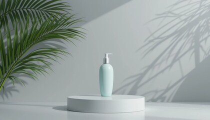 minimal cosmetic background for the display of the product. A podium with a cosmetic bottle and a green palm leaf against a grey backdrop. illustration in 3D render. Included is the object isolate cli