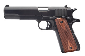 Double-barrel 1911-style pistol, twin-barrel handgun on a transparent background