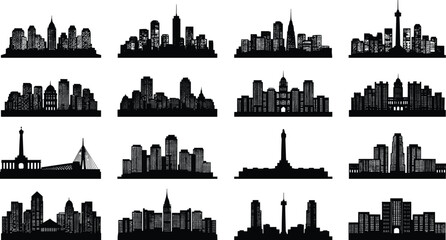 Obraz premium City skyline silhouettes, urban architecture icons, famous landmarks, global skylines, black silhouettes, travel destinations, cityscape collection, modern design elements