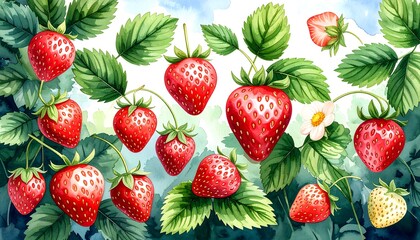 Watercolor illustration of strawberries and leaves (2)