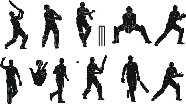 Cricket player vector silhouettes, batsman and bowler illustration, wicketkeeper catching ball, fielder action pose, sports icons, team game design