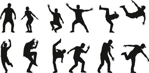 Dance silhouette vector, breakdancer clipart, hip hop dancer illustration, street dance poses, modern choreography icon, freestyle movement design, energetic figure