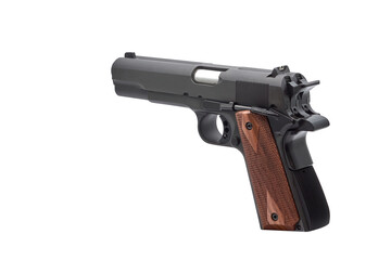 Double-barrel 1911-style pistol, twin-barrel handgun on a transparent background