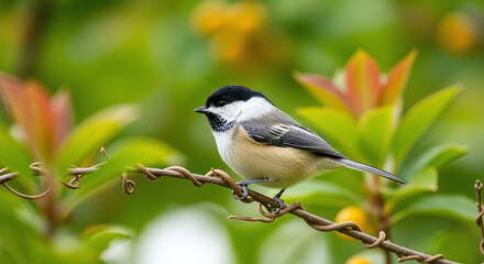 Fototapeta premium Small coal tit perched on a twig with green and orange foliage