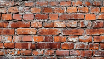 Fototapeta premium The image shows a detailed close-up of an old brick wall; the bricks are red and orange with visible wear and the mortar is grey.