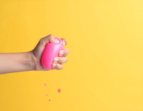 Hand squeezing a pink stress ball, droplets falling on yellow background