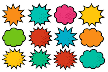 Colorful comic pop art explosion and cloud shapes set. Retro speech bubbles with halftone texture for sales promotion. Vector price tags, discount stickers or labels.