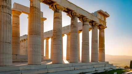 Obraz premium Ancient Greek columns under a beautiful sky, representing history and classical architecture.