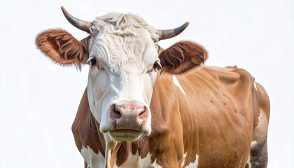 Close-up Portrait of a Brown and White Cow with Horns Against White Background