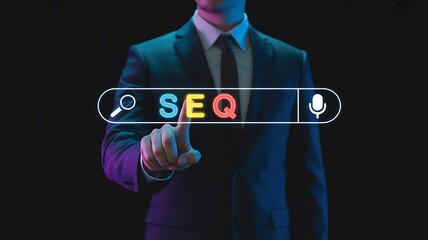 Businessman Touching SEO Search Bar on Digital Interface