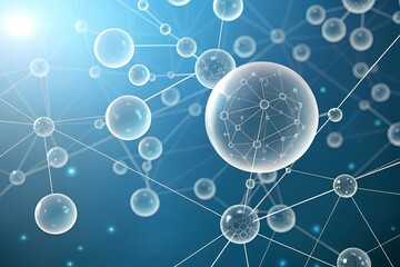 Abstract network of interconnected spheres representing global communication and scientific research on a blue gradient background with glowing light effects for modern technology visuals
