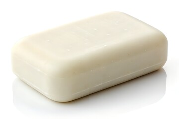 Simple bar of white soap resting on a reflective white surface ready for use in personal hygiene and cleanliness routines for washing hands and body in a bathroom or kitchen setting