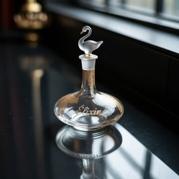 Antique Glass Perfume Bottle with Swan Stopper and Gold Embellishments elixir