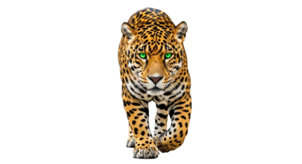 Majestic adult jaguar with vivid emerald green eyes, golden coat, black rosettes, walking forward on a high-key transparent studio background, embodying predatory power